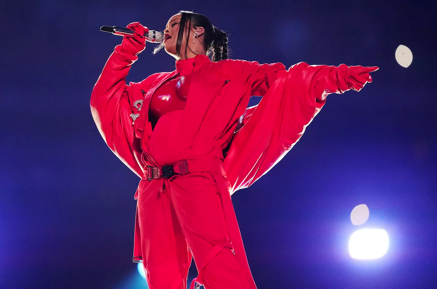Rihanna Performs Her Greatest Hits on Aerial Platforms During the 2023 Super Bowl Halftime Show