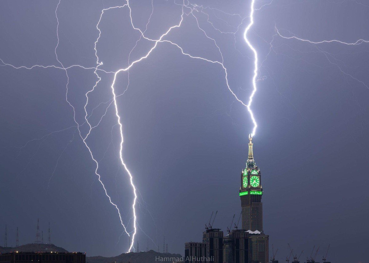 Lightning Strikes the Clock Tower in the Holy City of Mecca During Thunderstorm