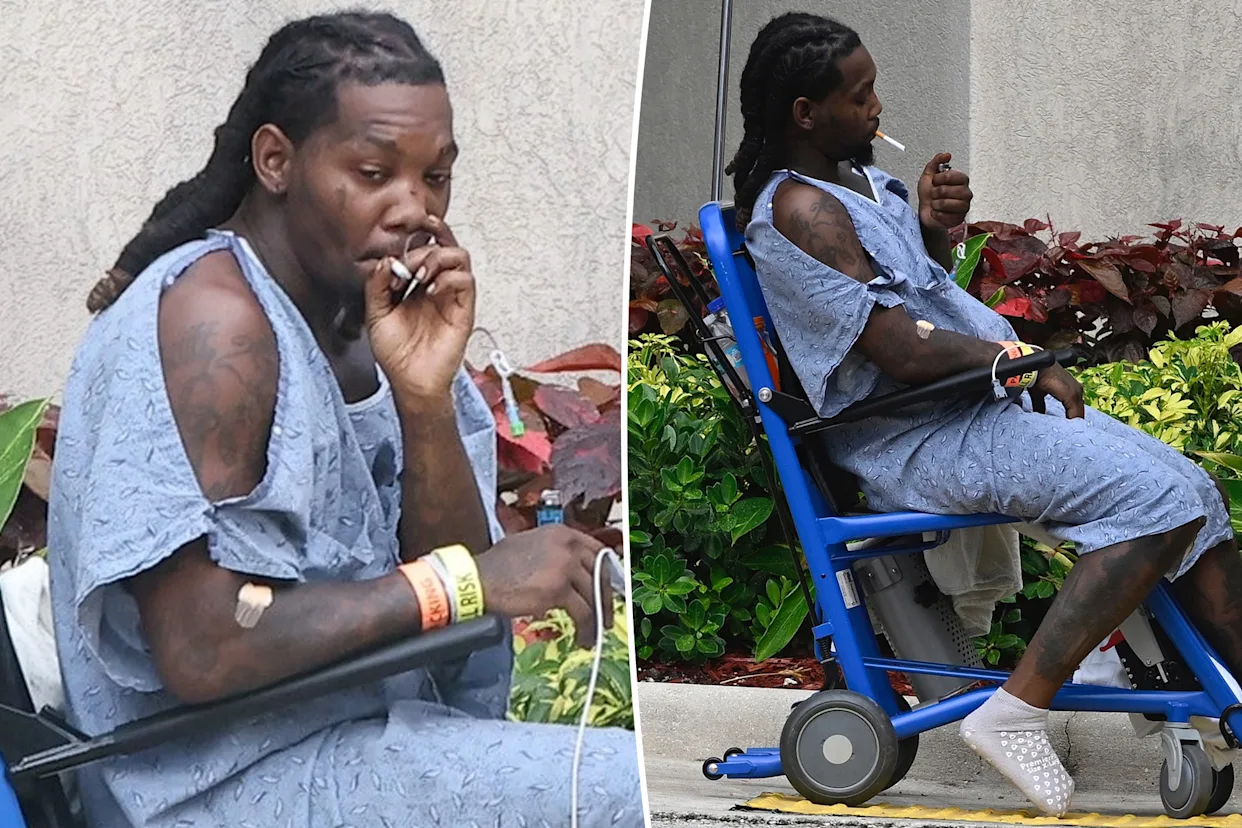 Offset smokes cigarette outside hospital after being shot on the leg